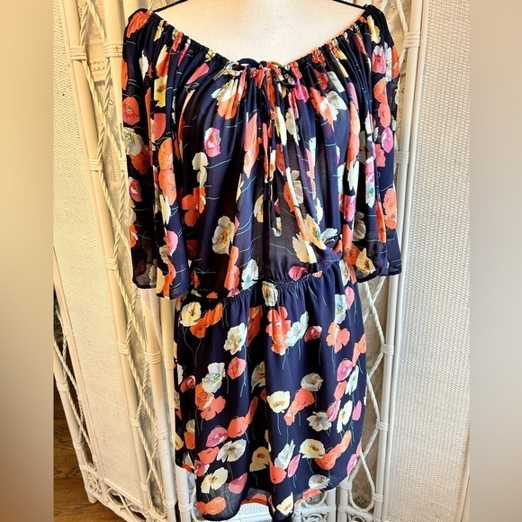 Topshop Dress Blue Coral Floral Flutter Sleeve Elastic Waist Off Shoulder size 6 - Picture 3 of 16
